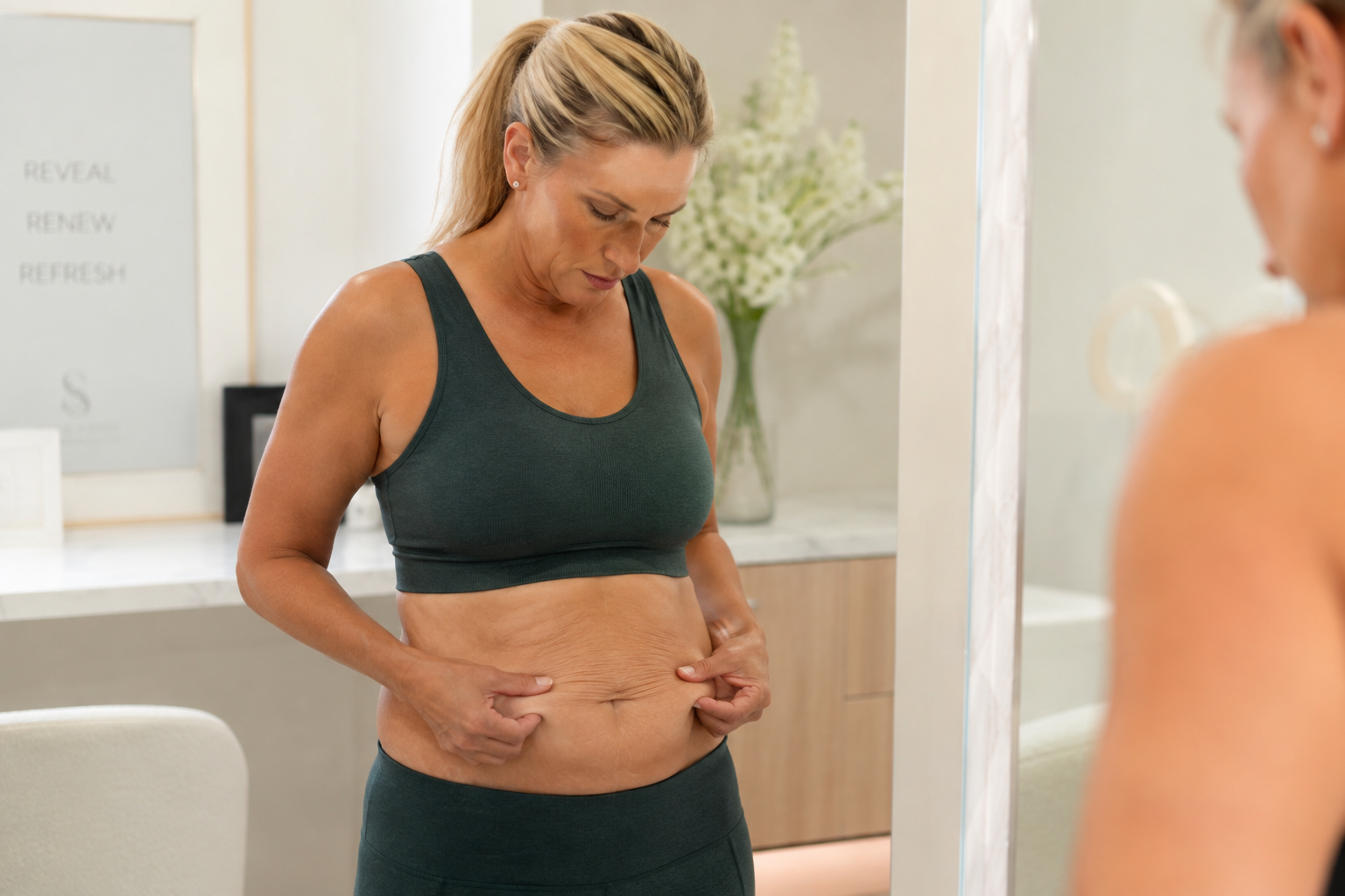 Woman examining loose abdominal skin after weight loss in a bright modern setting