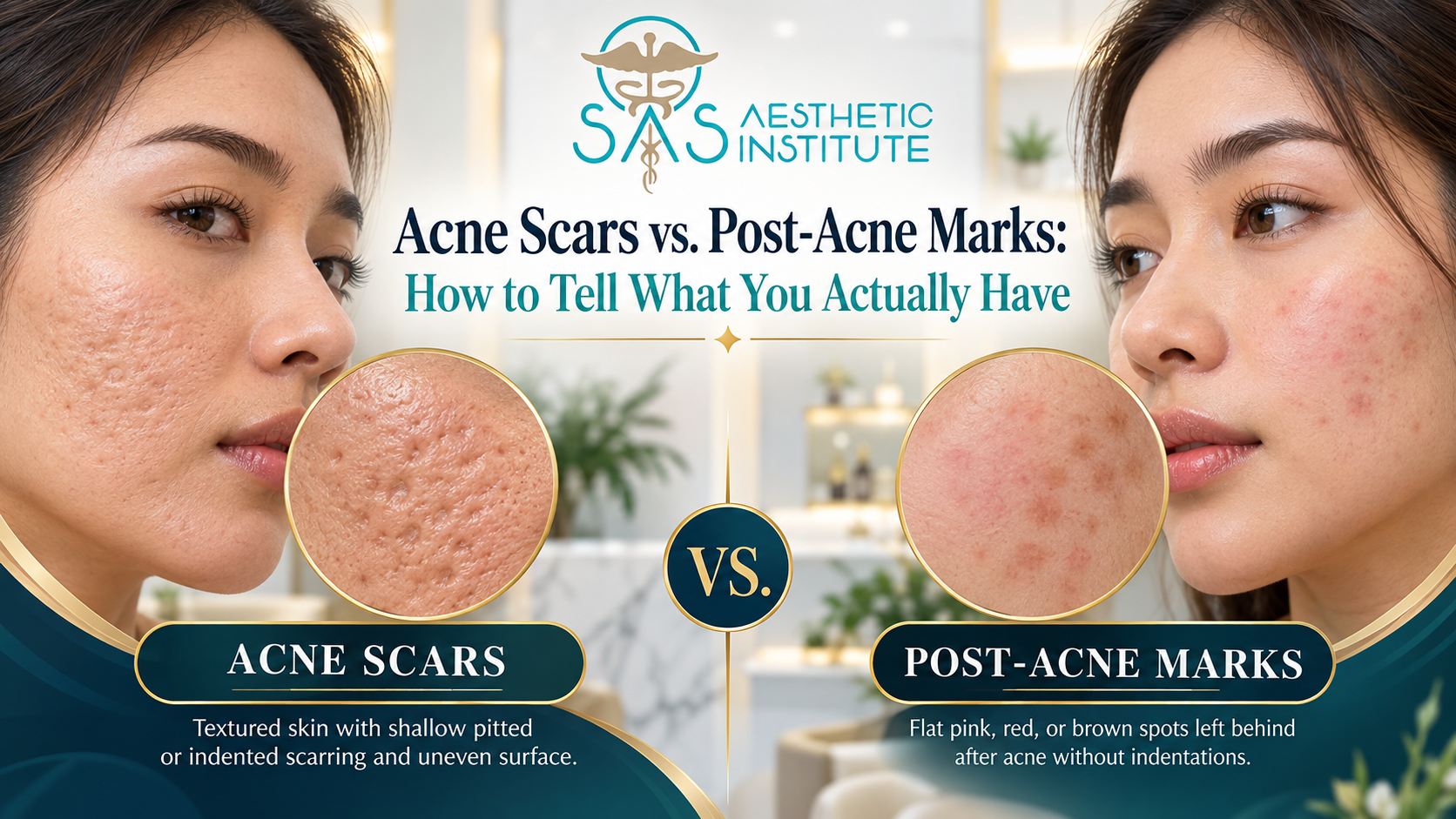Side-by-side comparison showing textured acne scars and flat post-acne marks to help explain the difference between the two.