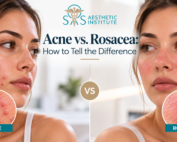 Side-by-side comparison of acne breakouts and rosacea redness showing common visible differences between the two skin concerns.