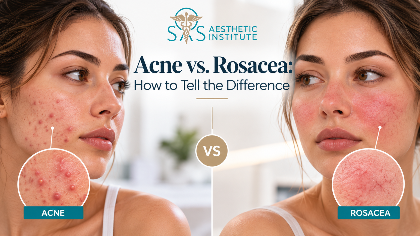 Side-by-side comparison of acne breakouts and rosacea redness showing common visible differences between the two skin concerns.