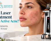 Woman with visible active acne beside an ADVATx laser system for an educational guide about laser treatment for acne.