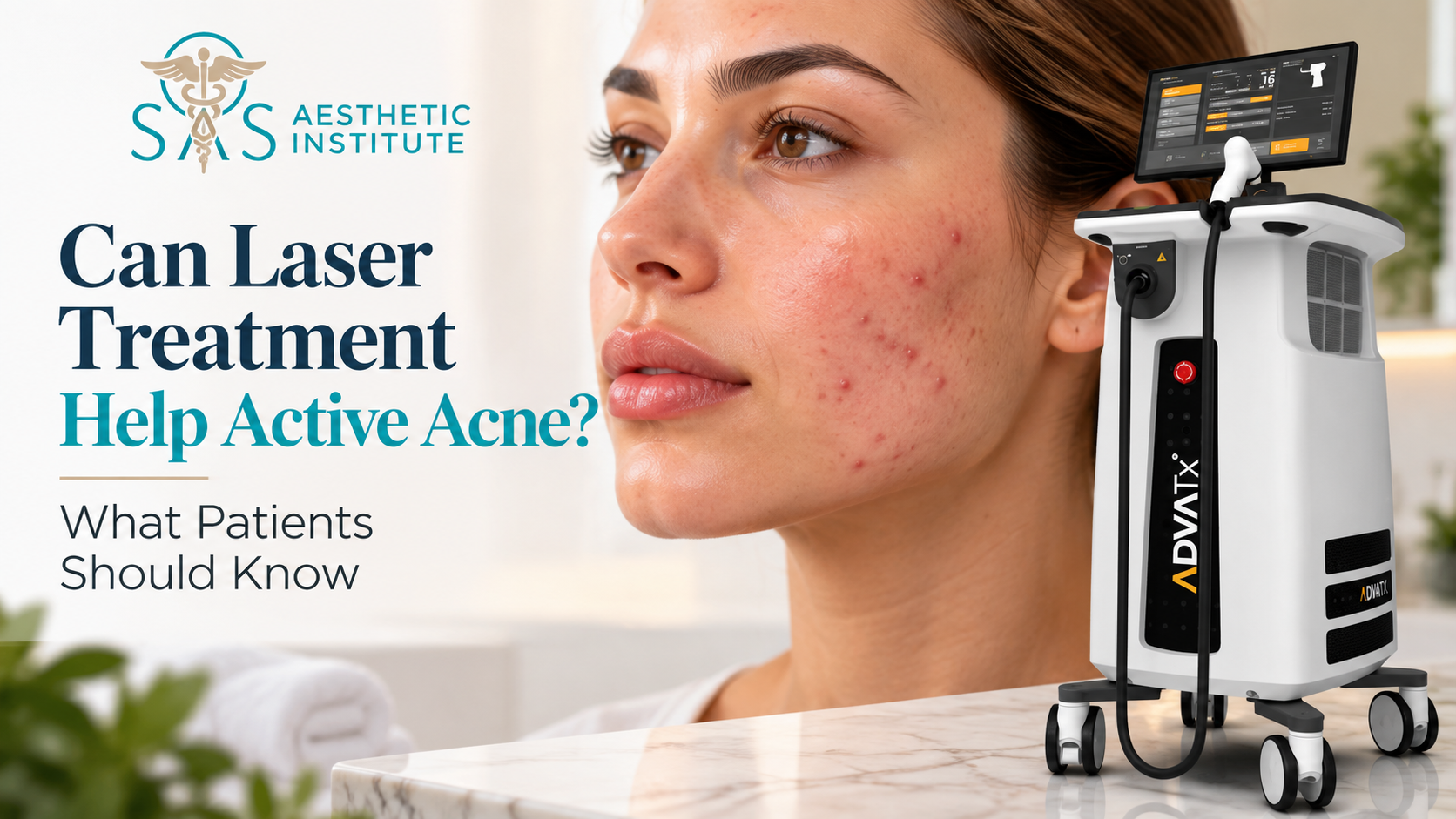 Woman with visible active acne beside an ADVATx laser system for an educational guide about laser treatment for acne.