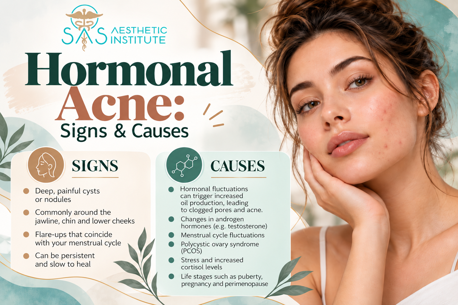 Woman with hormonal acne along the chin and jawline showing common signs of recurring inflammatory breakouts and post-acne redness.