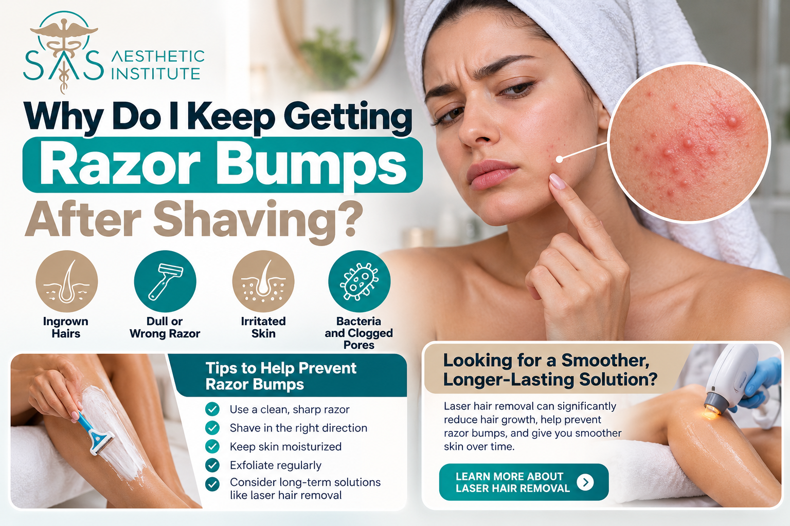 Close-up of razor bumps and ingrown hairs after shaving, showing redness and irritation on acne-prone skin.