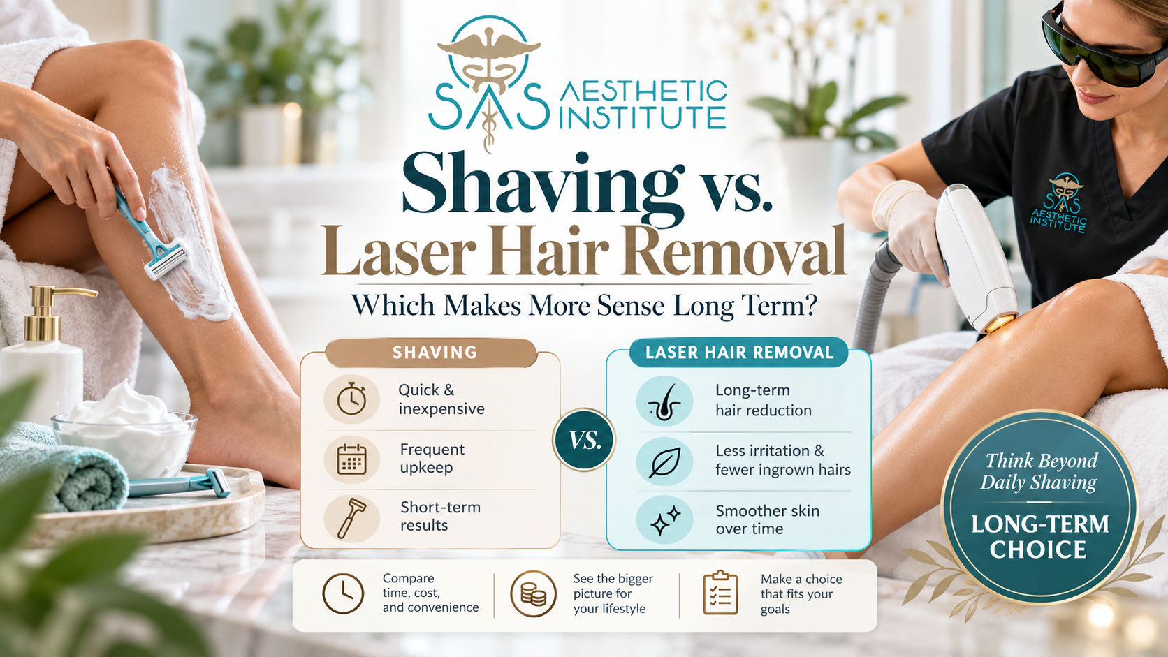 Comparison of shaving and laser hair removal showing temporary hair removal versus long-term reduction of unwanted hair.