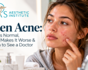 Teen examining acne on her cheek for a guide about normal breakouts, acne triggers, and when to see a doctor.