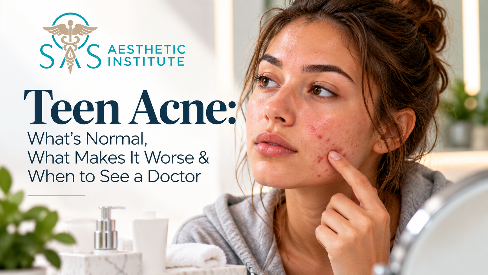 Teen examining acne on her cheek for a guide about normal breakouts, acne triggers, and when to see a doctor.