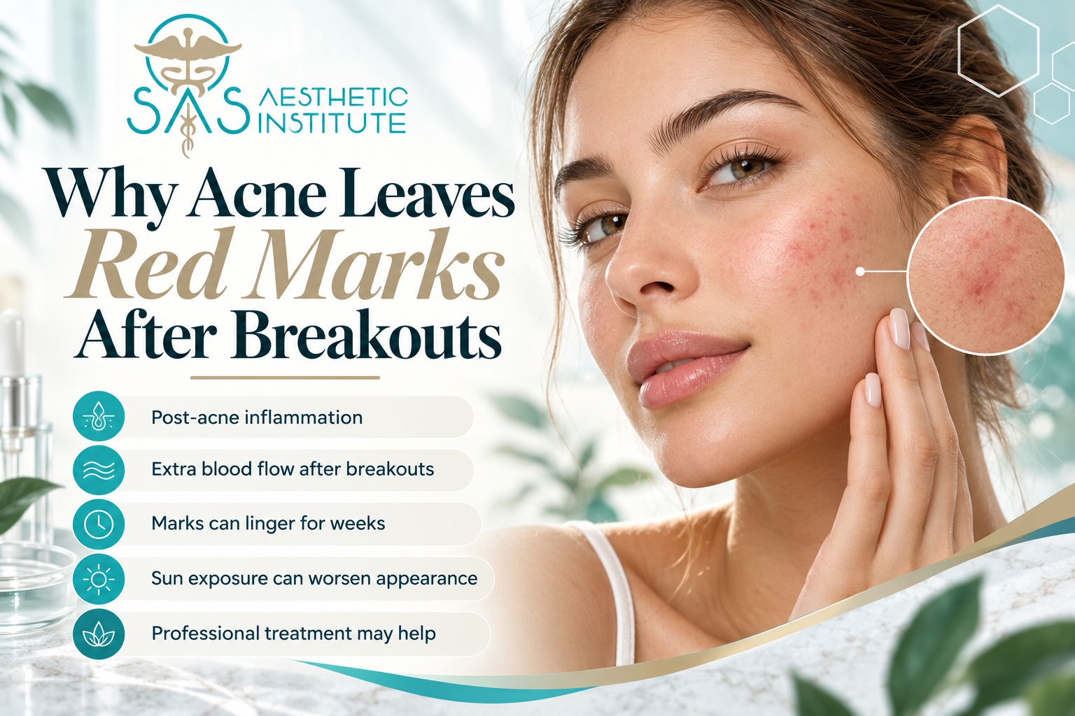 Woman with visible red post-acne marks on her cheek, illustrating skin inflammation, lingering redness after breakouts, and treatment options at SAS Aesthetic Institute.